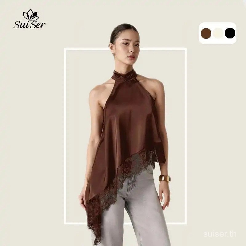 เสื้อเบลาส์แขนกุดผ้าซาติน ซุยเซอร์ สําหรับผู้หญิงคอผูกสูงตัดไม่สมมาตรทําจากผ้าไหมเข้ารูปและไหล่ที่สวยงาม เหมาะสําหรับงานปาร์ตี้ฤดูใบไม้ร่วงงานแต่งงานและอคเซียพิเศษ