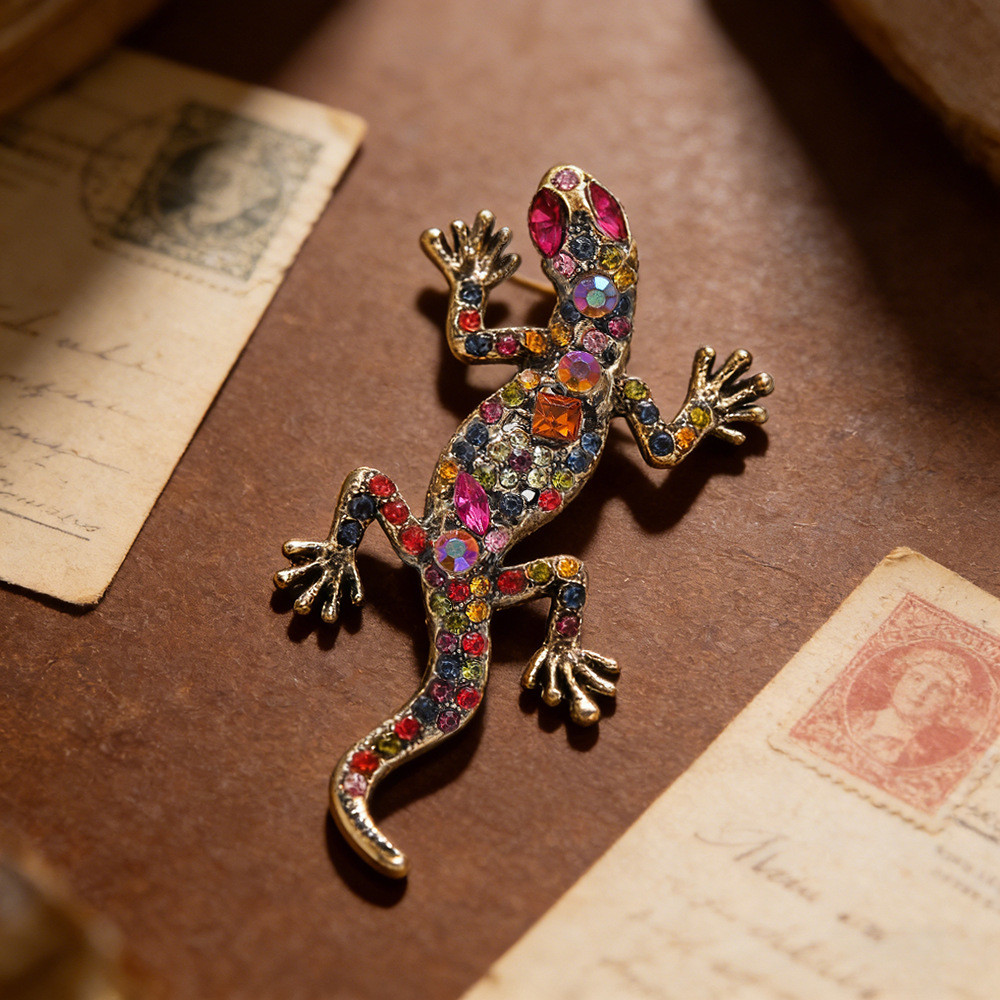 Retro เพชร Lizard เข็มกลัดหรูหรา All-Match High-End สัตว์ Gecko เข็มกลัดคอ Pin เข็มกลัด 4.13