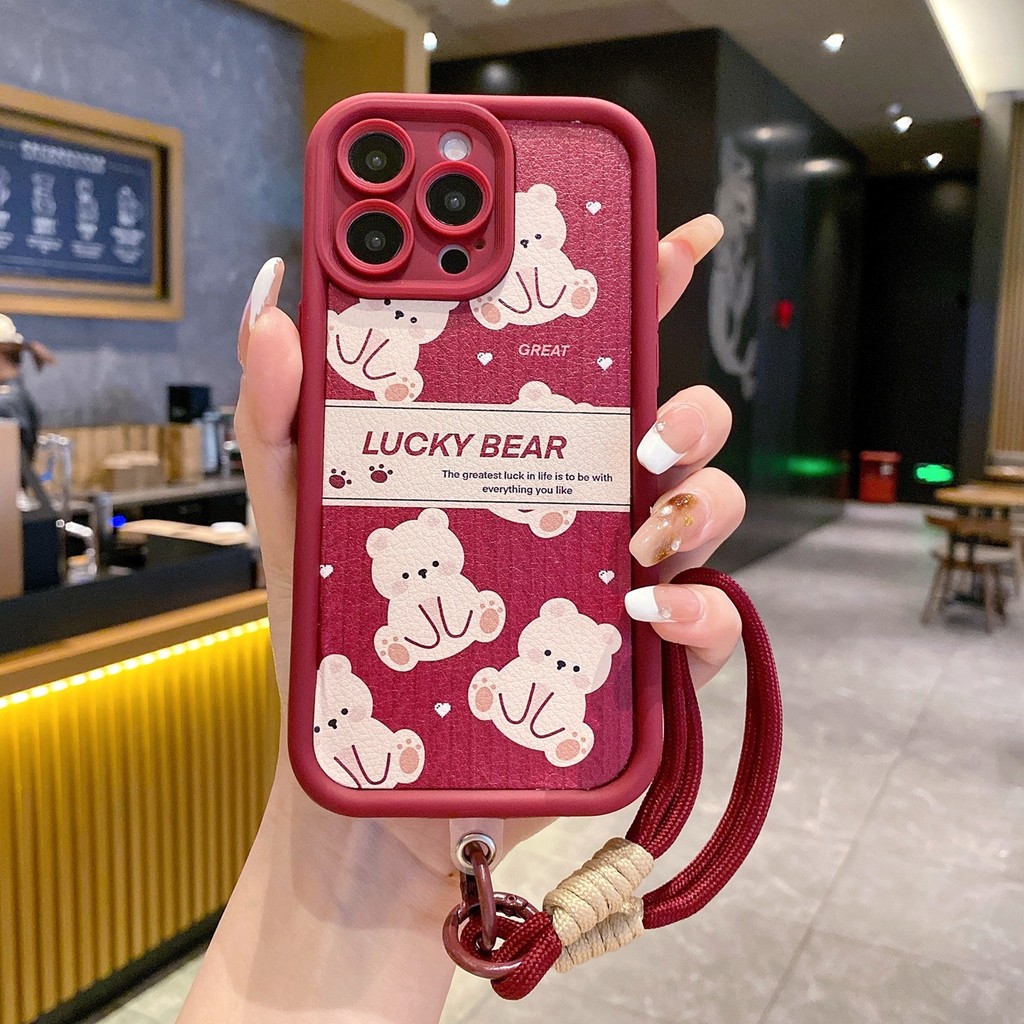 น่ารัก Lucky Bear หนังเคสโทรศัพท์พร้อมสายคล้องสําหรับ Honor Play 10 X6D X8D X5C X8B X7D X6C X9C X7C 