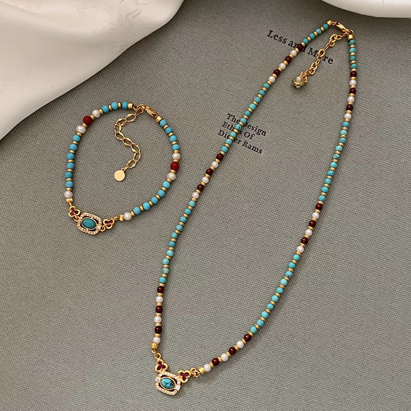 ธรรมชาติ Turquoise Pearl ลูกปัดสร้อยคอหญิงอุปกรณ์เสริมหรูหรา High-End ใหม่สไตล์จีน Collarbone สร้อยค
