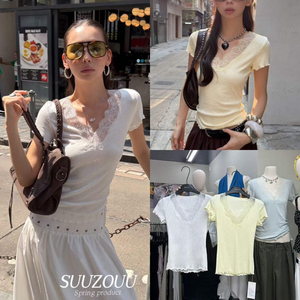 ❤ 🧵 🇰🇷 SU189 เสื้อยืดแขนสั้นคอวี แต่งผ้าลูกไม้ช่วงคอ ผ้าไม่หนาไม่บาง ใส่ง่าย ยืดหยุ่นได้ดี แฟชั่นเกาหลี TAG MM Fish 🧡