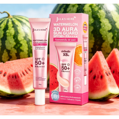 (1หลอด) ครีมกันแดดแตงโม 3D ออร่า SPF50+ PA++++ จุฬาเฮิร์บ ปกป้องผิวเด้งใสEE