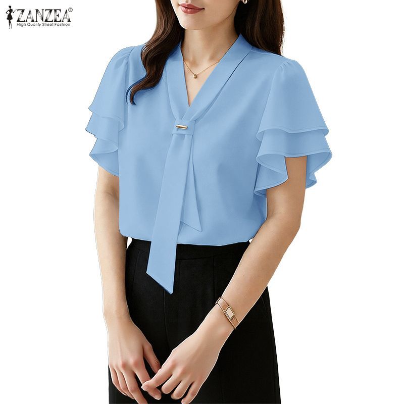 ZANZEA ผู้หญิงเกาหลี Elegant Ruffle Sleeve V คอปุ่มโลหะ Tie เสื้อสีธรรมดา