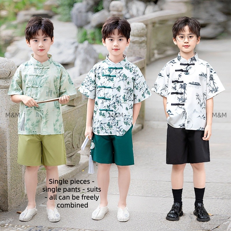 T Tang Suit Boys เสื้อเชิ้ตแขนสั้นพิมพ์ลายสไตล์จีนใหม่