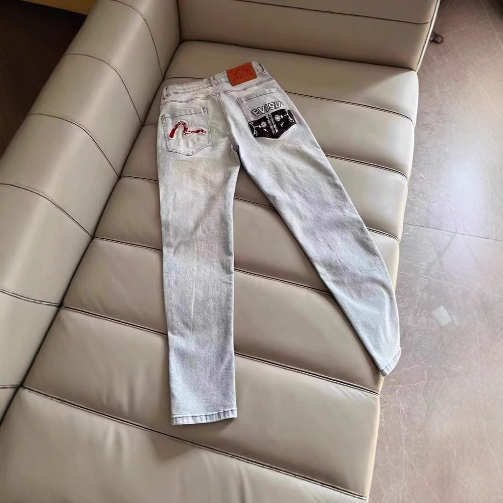 EVISU1247 Jeans Mens Letter Pattern Slim-fit Straight Casual