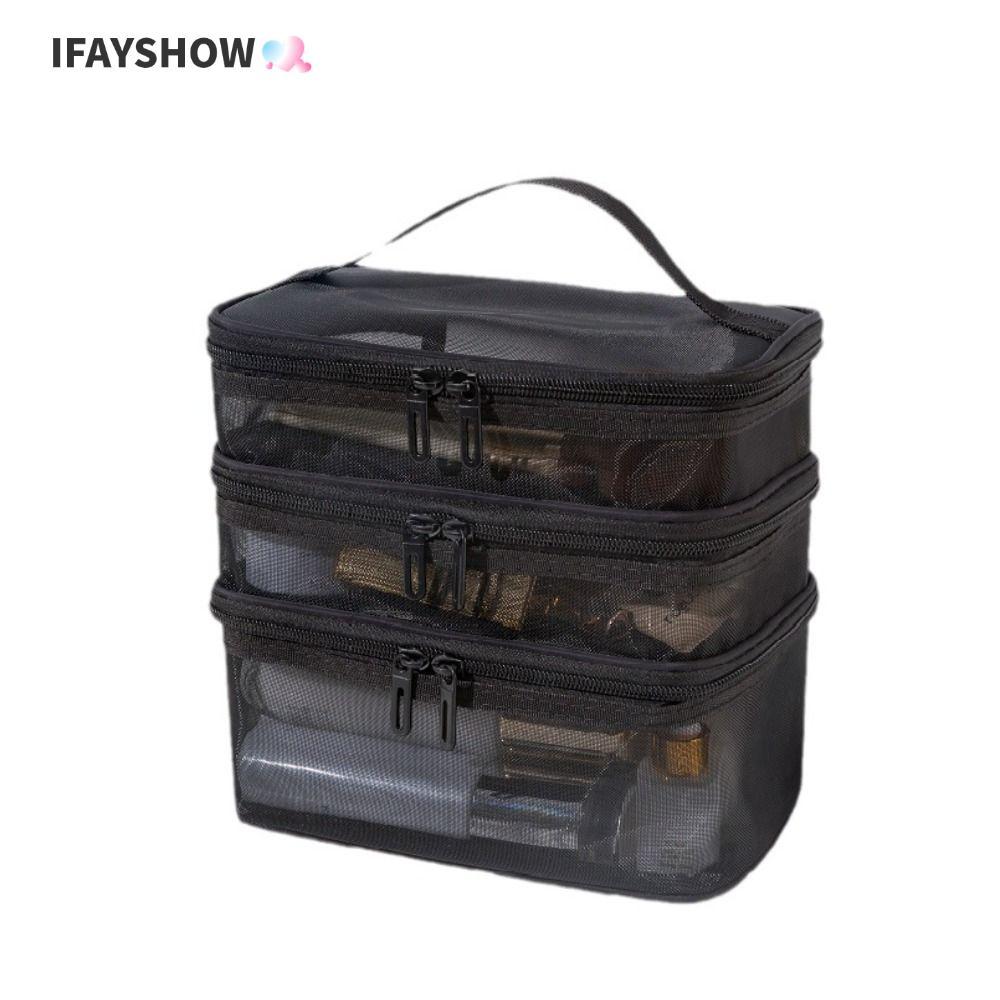 IFAYSHOW Make Up Organizer Bag, 1/2/3 ชั้นกระเป๋าเดินทางเครื่องสําอาง,แฟชั่นขนาดใหญ่ความจุตาข่ายโปร่งใสกระเป๋าแป้งผู้หญิง