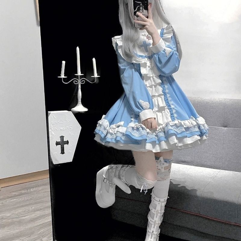 Gothic Nun Style lolita Blue White Dress Dress Dress lolita Cute Daily