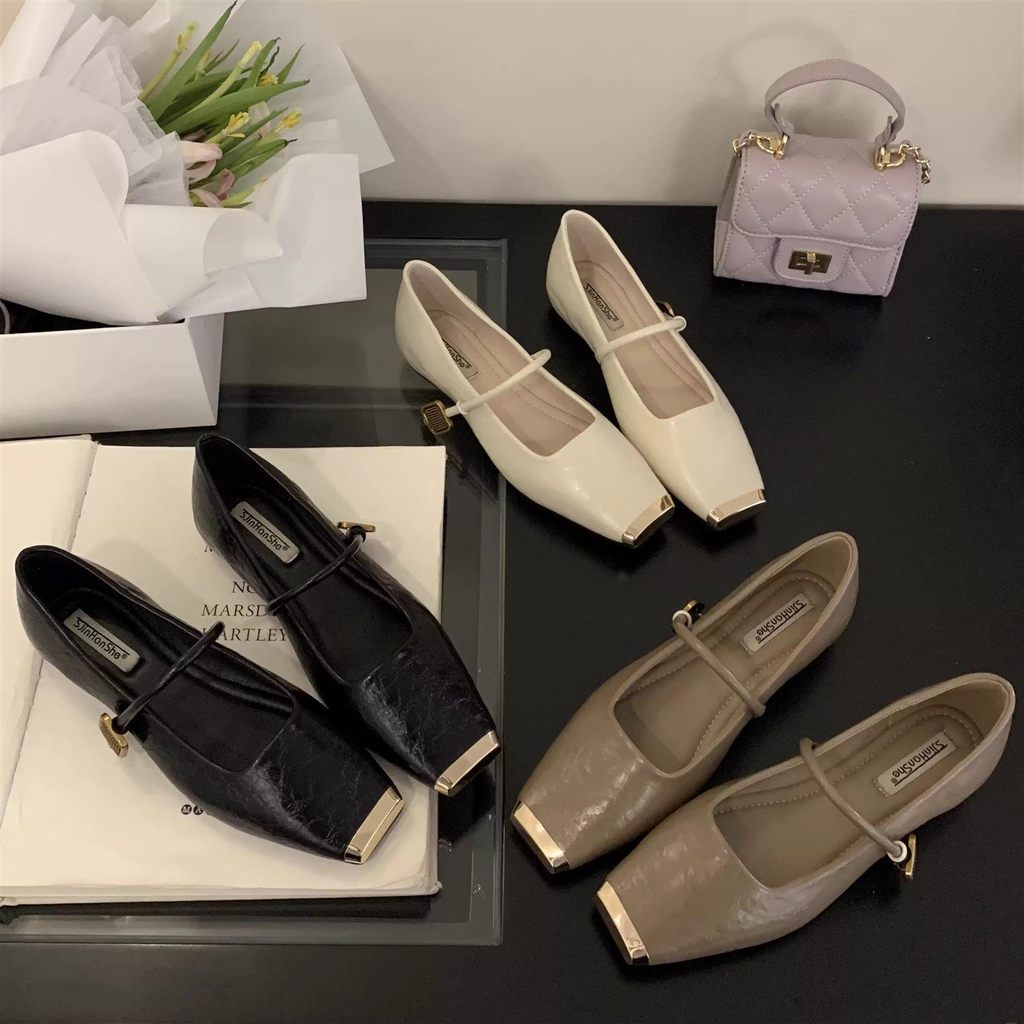 TT Sweet Metal Square Toe Mary Jane Shoes Womens Inner Buckle Shoes All-Match หนังแท้