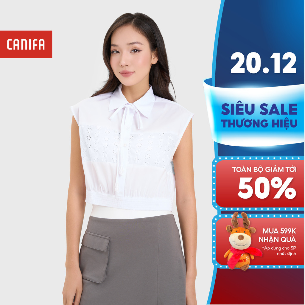 CANIFA เสื้อเชิ้ตสั้นผู้หญิงคอปกเยอรมันและลูกไม้ 6TH25S007