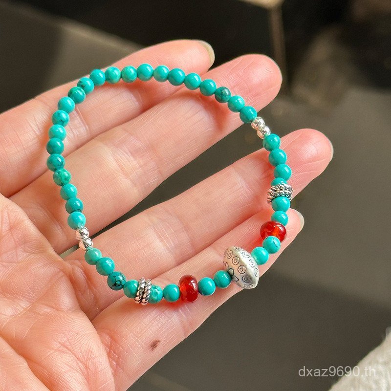 Distressed Beaded Retro สร้อยข้อมือหญิง Flying Saucer สังเคราะห์ Simple Pure Silver Handmade 999B327