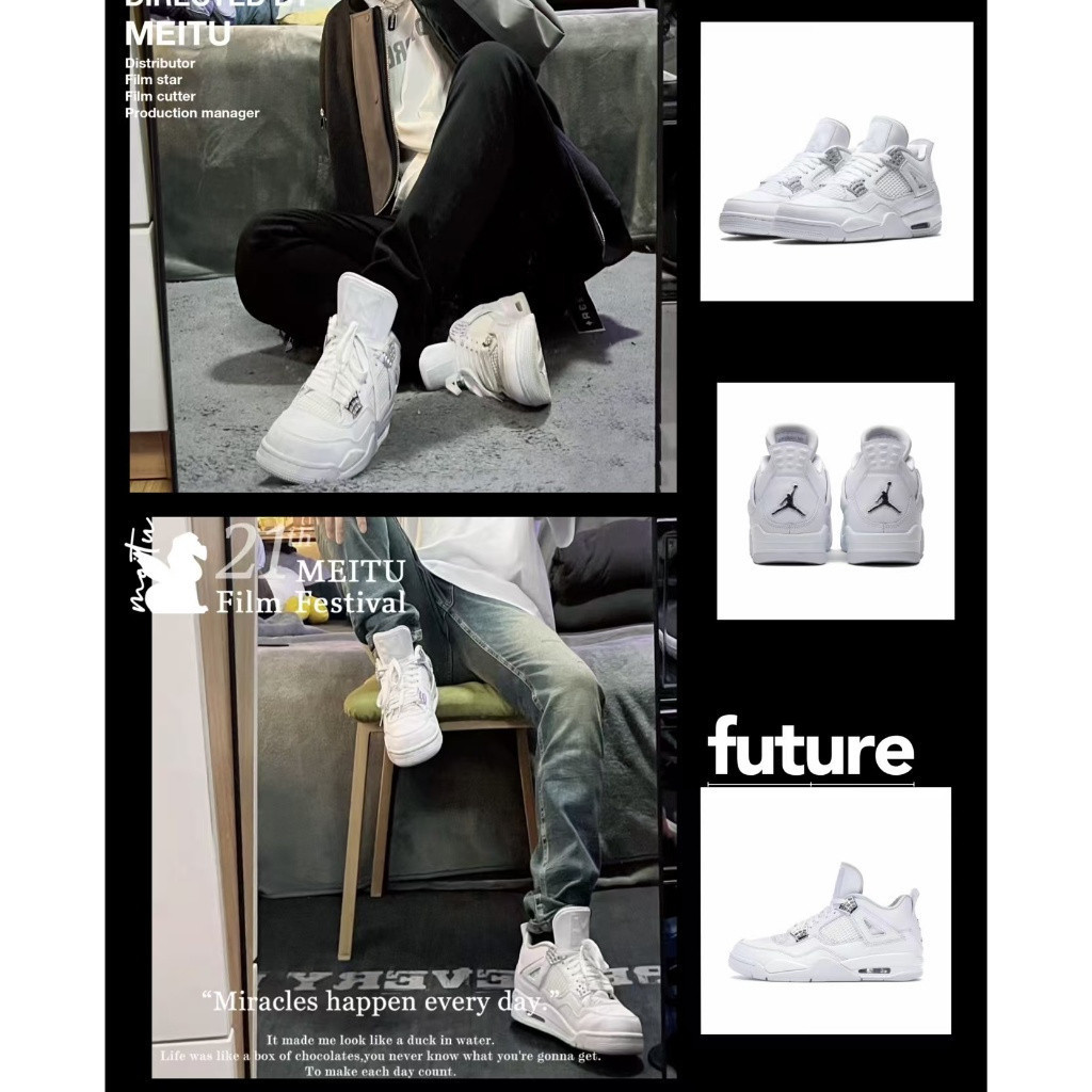 รองเท้า Jordans Retro 4 แบบ buckle anti-slip สีขาวและเงิน น้ำหนักเบา