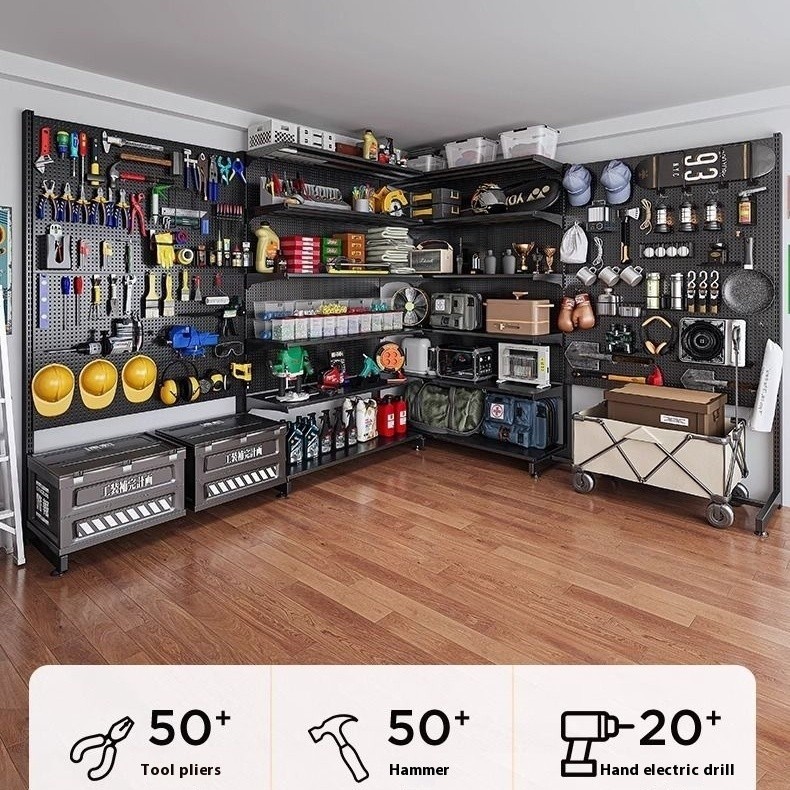 🔹🔹 ชั้นวางแบบ Pegboard ชั้นวางเครื่องมือฮาร์ดแวร์แบบตั้งพื้น ชั้นวางอุปกรณ์กีฬาโลหะแบบไม่ต้องเจาะ ระ