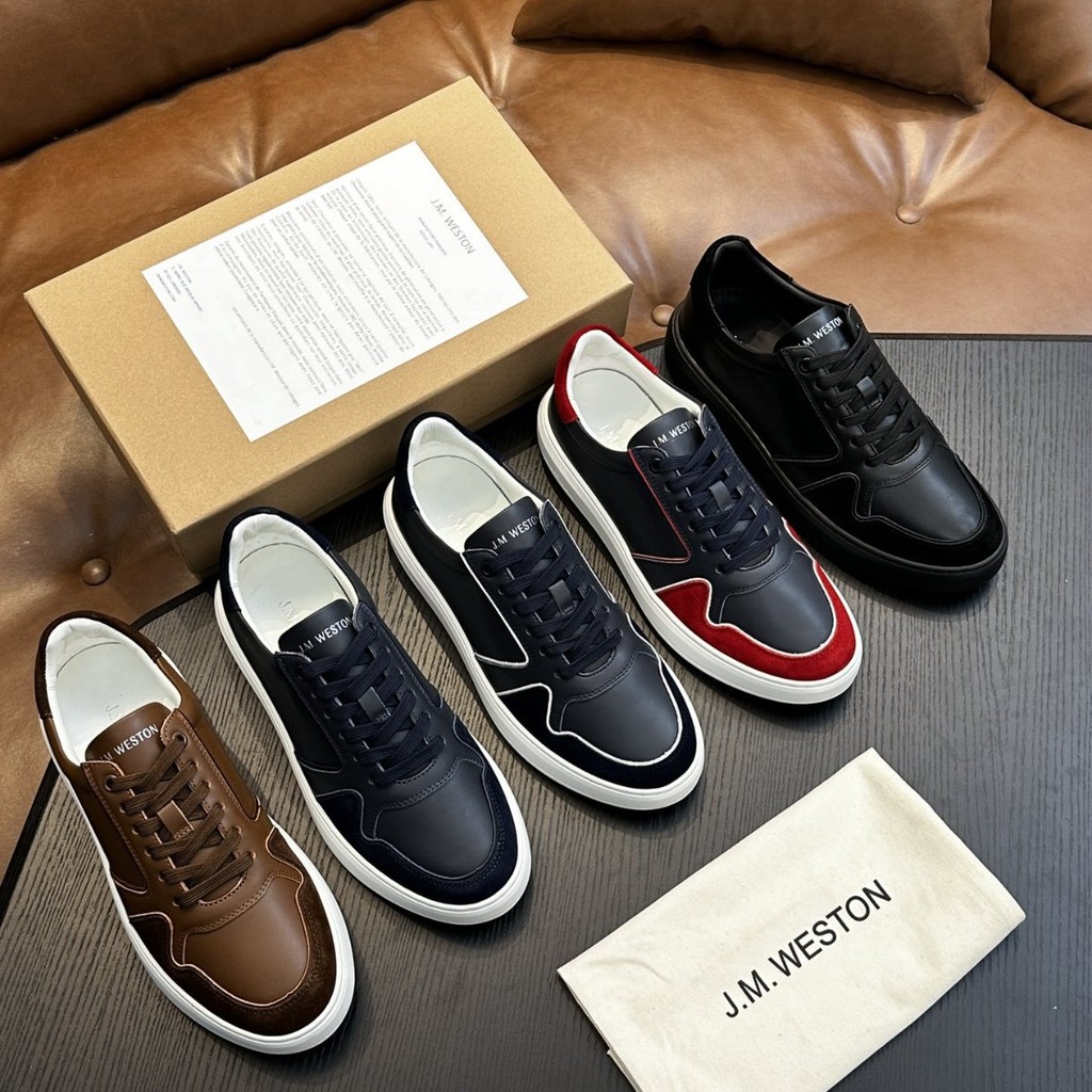 MU3I J.M.WESTON New Genuine Leather Sports Sneakers Casual Versatile Lace-Up Low-Top Men's Shoes