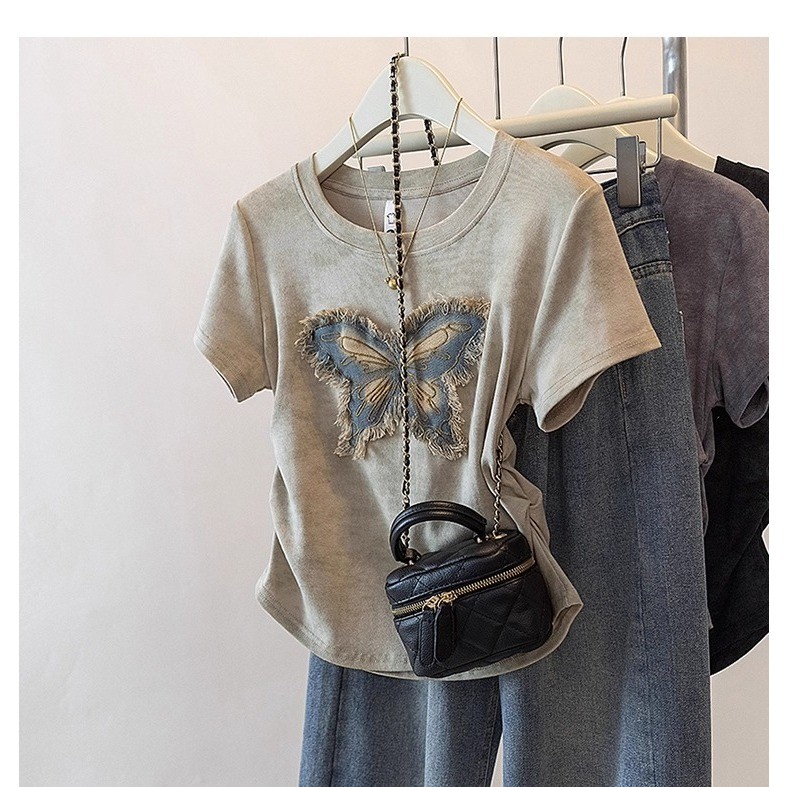 เสื้อยืดแขนสั้นลายจีบแบบเกาหลี,เสื้อยืดผู้หญิง คอกลม เข้ารูป ใส่สบาย - รูปที่ 2