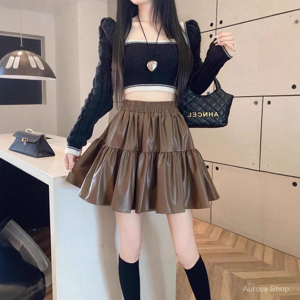 กระโปรงหนังพอง กระโปรงครึ่ง PU ขอบเอวสูง กระชับสัดส่วน รูปที่ 3