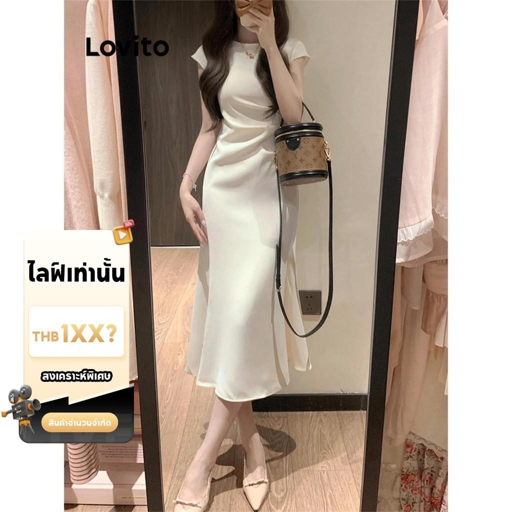 (LIVE STREAM SALE) Lovito เดรสผู้หญิง แต่งจีบ สีพื้น สไตล์หรูหรา LNE72538