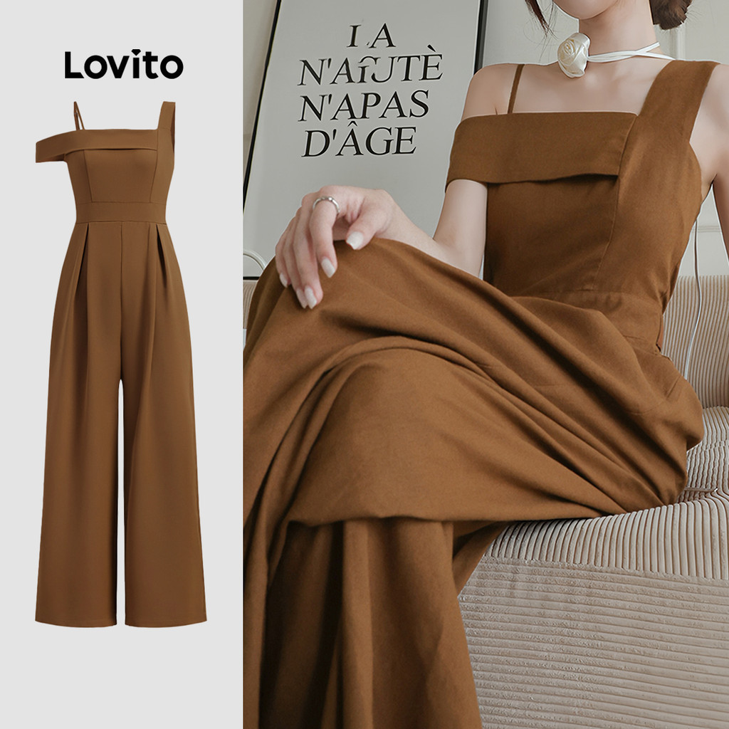 Lovito จั๊มสูททรงหลวมเปิดไหล่สำหรับผู้หญิง L129AD1062