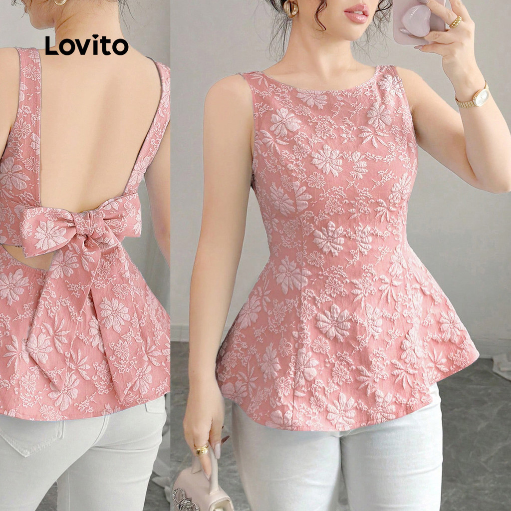Lovito สง่างาม เสื้อโท็ปผ้าแจ็คการ์ดดีไซน์หรูหรา ผูกโบว์ด้านหลัง ติดสายผูกหลัง สำหรับหญิงสาว สีชมพู ฤดูใบไม้ผลิ/ฤดูร้อน L143ED406
