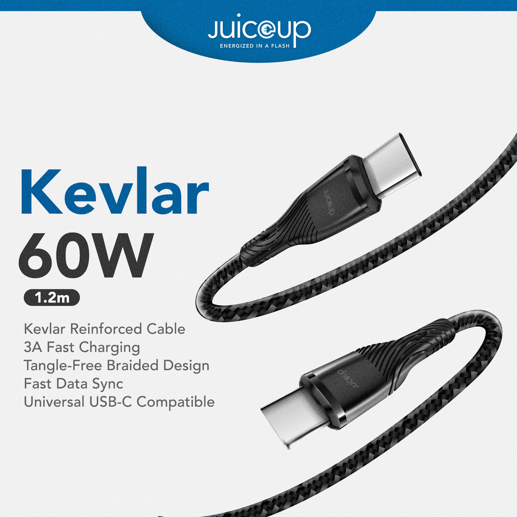 Juice Up Kevlar 60W Type C to Type C สายถักชาร์จเร็วพิเศษ (1.2M) / ถักเสริมเคฟล่าร์ / น้ําหนักเบา