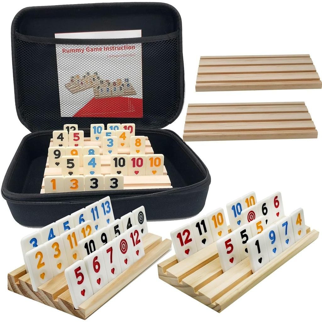 2-6 Players Rummy Game with 6 Wooden Racks/Trays, Rummy Cube with Portable Case 160 Tiles Travel Set