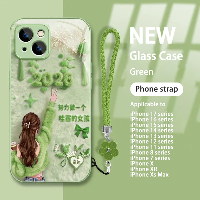 เคส iphone 17 pro max Air 17pro 16 15 14plus 13 12 11 Pro Max 7 8 Plus X Xr XsMax,สายโทรศัพท์,สีเขียว เป็นสาวว้าวนําโชค 2026,เปลือกแข็ง,ของขวัญ,กันตก,กันกระแทก,