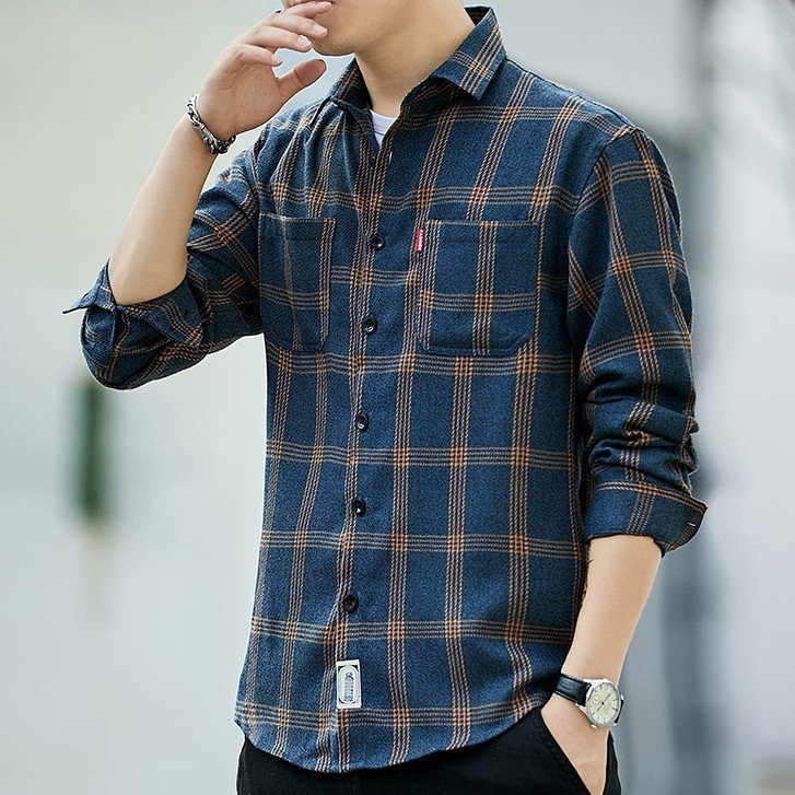 เสื้อยืดแขนยาวผู้ชาย ลายสก็อต ไซ즈 M-XL