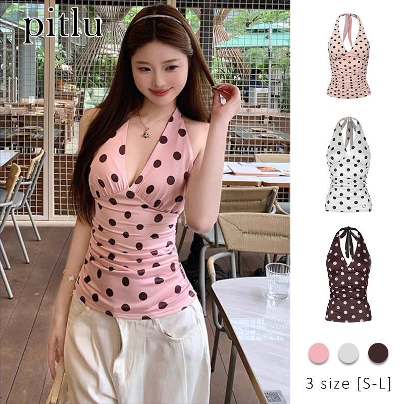 pitlu เสื้อท็อปฮอลเตอร์ลายจุดเปิดหลัง สีชมพู/ขาว/น้ำตาล ขนาดS-L ใส่สวย ผ้านุ่ม แฟชั่นสไตล์