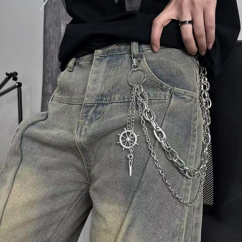 กางเกงยีนส์ดำสไตล์ปังค์-retro สำหรับทั้งชายและหญิง มาพร้อมSuspender และเข็มขัด แบบ.Multi-Purpose - 1