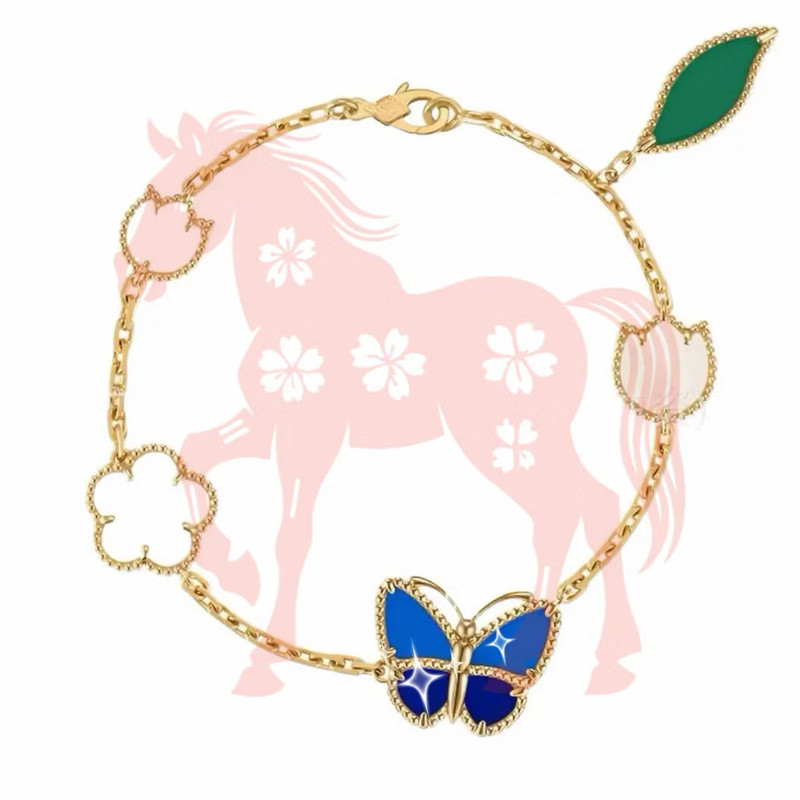 คุณภาพสูง Four-Leaf Clover Blue Butterfly สร้อยข้อมือห้าดอกไม้หญิง V Gold ชุบหนา 18K Gold Light Luxury All-Match สร้อยข้อมือ