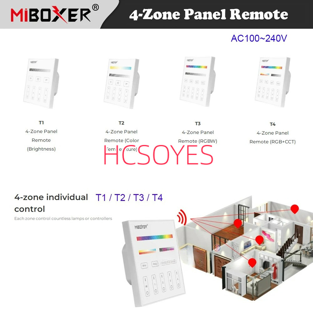 Miboxer 4-Zone touch Panel Remote 110V 220V AC dimmer switch T1 (สีเดียว) T2 (CCT) T3 (RGBW) T4 (RGB
