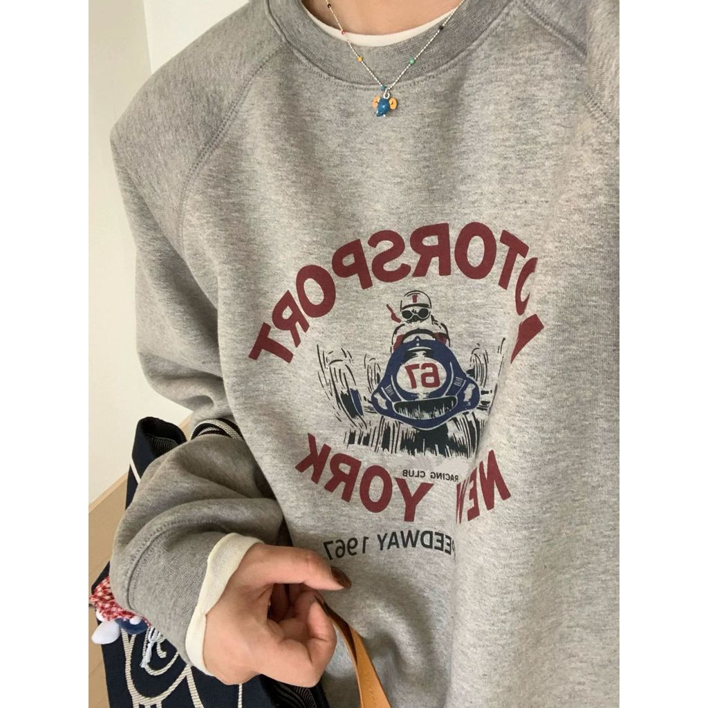 3N8J RL Vintage Print Pattern Round Neck Sweatshirt for Women, Loose Casual Gray Versatile Top for W
