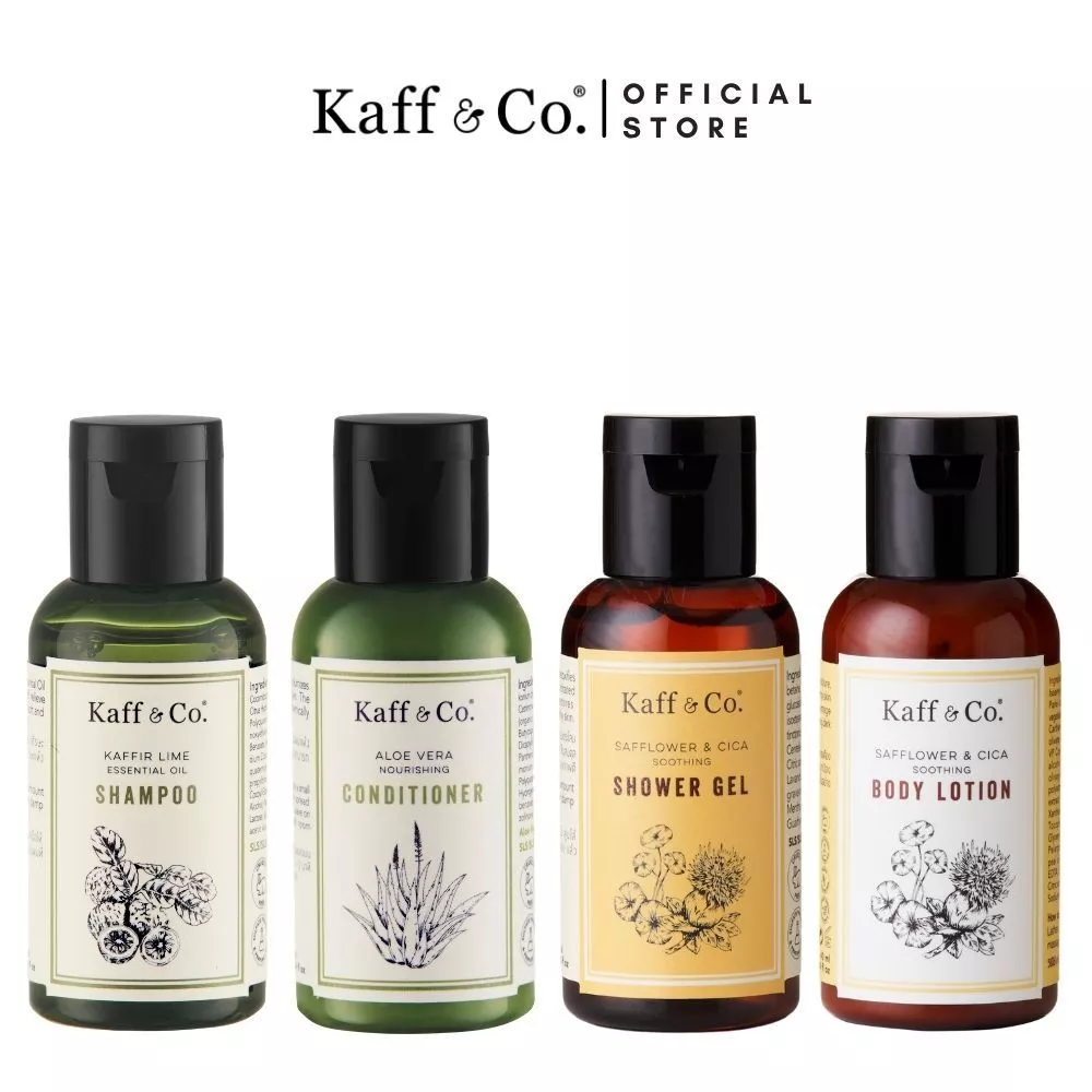 Kaff & Co. ชุดขนาดขนาดเดินทาง 40ml X4 แชมพู & ครีมนวดผม & เจลอาบน้ำ & โลชั่น