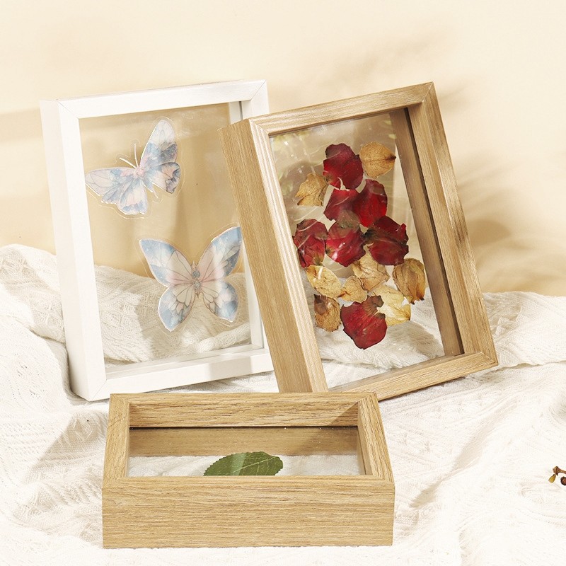 กรอบรูปไม้ DIY 4x6/5x7/6x8นิ้ว กรอบรูปตั้งโต๊ะ การออกแบบโปร่งใสสองด้านกรอบรูป