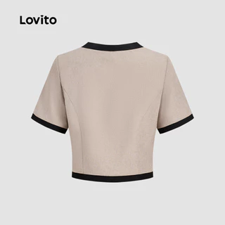 Lovito เสื้อเบลาส์ผู้หญิงสไตล์เรียบหรู คอนทราสต์บีนดิ้ง กระเป๋าปลอม เหมาะสําหรับฤดูใบไม้ผลิ/ฤดูร้อน L183ED1024