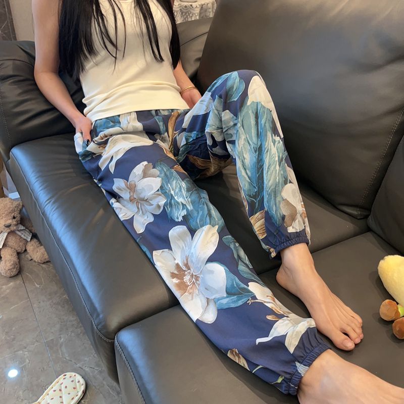 女士休闲长裤夏季长款宽松睡裤加肥加大码棉绸裤女外穿家居裤薄20260409Women's Casual Long Pants, Summer Long Loose Pajama Pants, Plus
