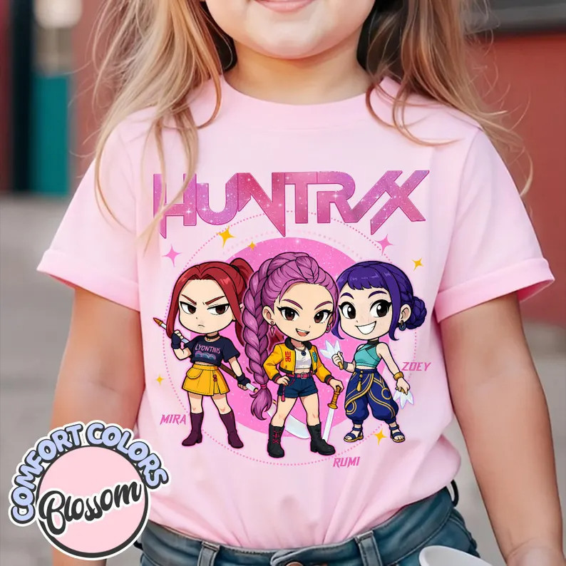 ฤดูร้อนใหม่หญิงเสื้อแขนสั้นสําหรับเด็กใหญ่เสื้อยืด Baju Kpop Demon Hunters เสื้อยืดเด็กผู้ใหญ่-Kpop Huntrix Mira, Rumi, Zoey ผ้าฝ้ายแขนสั้นผู้ชายและผู้หญิง Tee การ์ตูน anim