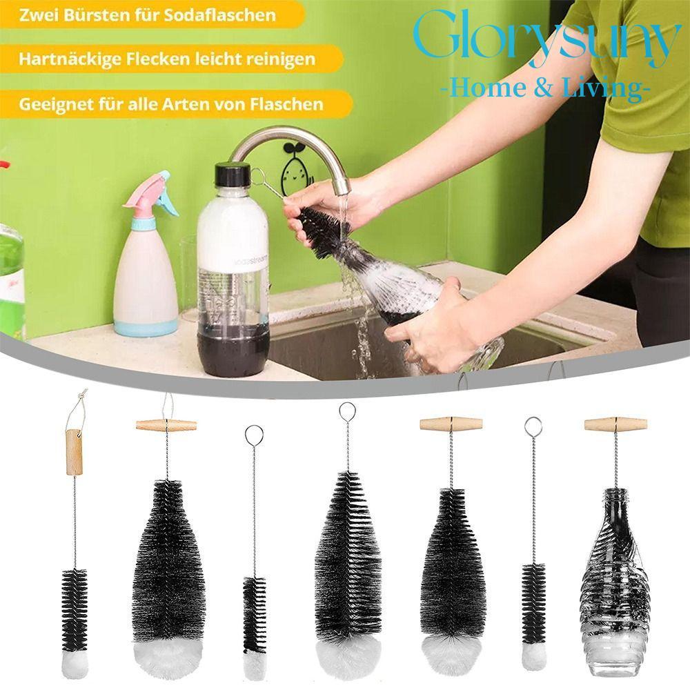 GLORYSUNY โถแก้วทําความสะอาด, เครื่องดื่ม Wineglass ขวดถ้วย Beechwood Handle Soda Stream ขวดแปรง,กํา