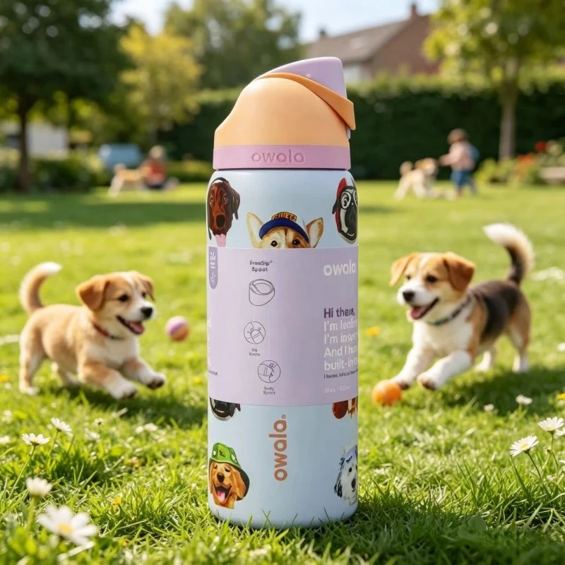 Owala FreeSip ขวดน้ําสแตนเลสหุ้มฉนวนพร้อมหลอด – สูญญากาศสามชั้น ป้องกันการรั่วซึม ปราศจาก BPA 24&32oz พิมพ์ภาพตัดปะสุนัข