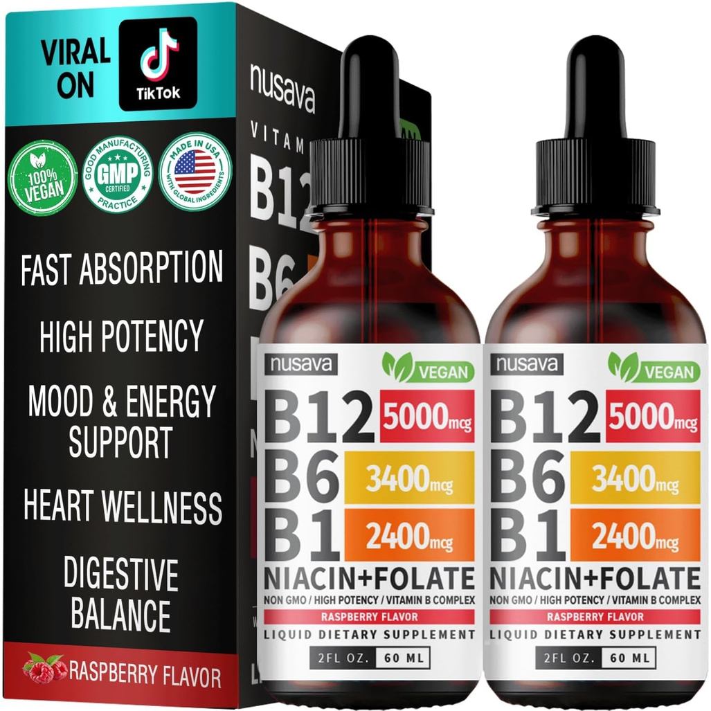 (2 แพ็ค) วิตามิน B12 และ B6 Liquid Drops, B12 Sublingual Vitamin B Complex - B 12 วิตามิน 5000mcg - B12 Methylcobalamin สําหรับพลังงาน สมอง และหัวใจรองรับ 27,200 mcg, Raspbe