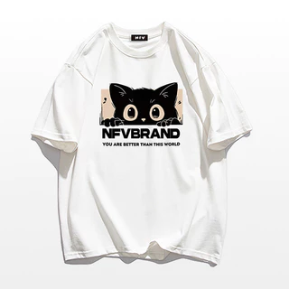 【จัดส่งจากกรุงเทพฯ】LABZAA เสื้อยืดแขนสั้นคอกลม วินเทจฟอกน้ำ Oversized ลายพิมพ์แมวน่ารัก ระบายอากาศ ผ้าฝ้าย 100% YG438