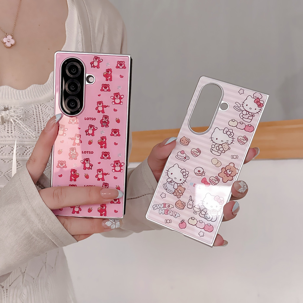 น่ารัก Hello Kitty Lots-o'-Huggin' Bear เคส Samsung Galaxy Z Fold 8 Ultra 7 6 Case ความรู้สึกน้ำแข็ง กระจกนิรภัย พลิกปก เคส