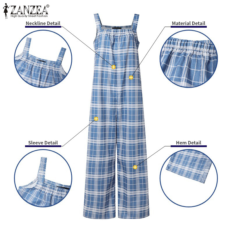 ZANZEA ใส่ ซานเซีย ผู้หญิงเกาหลีวินเทจลําลองสแควร์คอแขนกุดความยืดหยุ่นหลวมลายสก๊อตขากว้าง ชุดเอี๊ยม — صورة 7