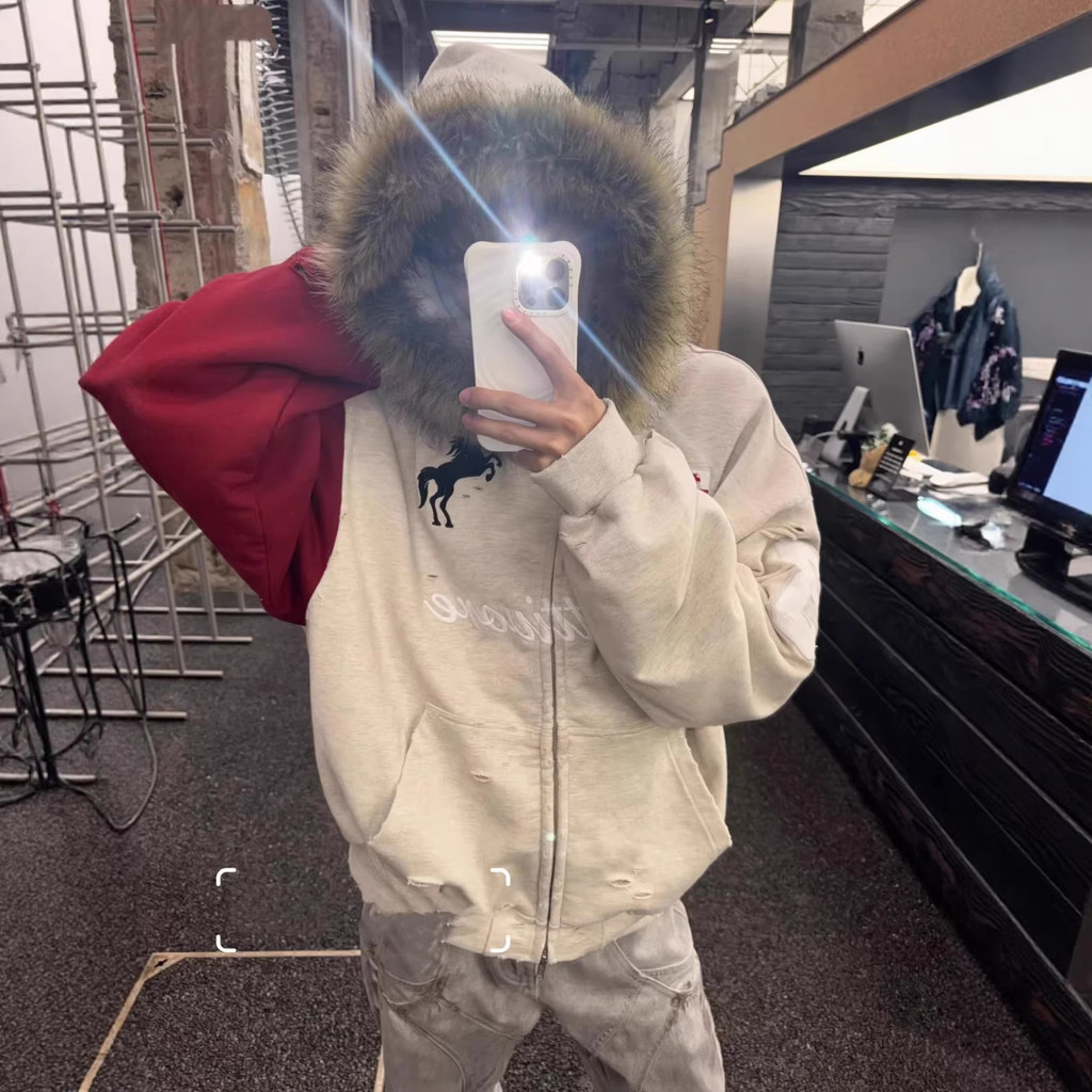 H7ZZ Protocol index act Patchwork distressed horsehair collar zip-up hoodie for men and women