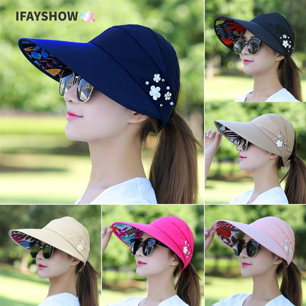 IFAYSHOW หมวกกันแดดผู้หญิงสุภาพสตรี Anti-UV หมวกปีกกว้างพับได้หมวกลําลอง