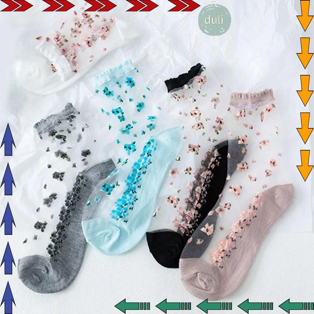 DUILIAN ถุงเท้าแบบJacquard ขนาดข้อสั้น ทำจากผ้าไหมแก้วคริสตัล ระบายอากาศได้ดี