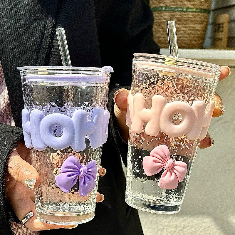 YTL ถ้วยแก้ว มีฝาปิดและฟาง แก้วกาแฟเกาหลี แก้วน้ำในรถยนต์แก้วบอโลซิลิเกตสูง กันรั่ว 450 มล สําหรับเบียร์น้ําผลไม้