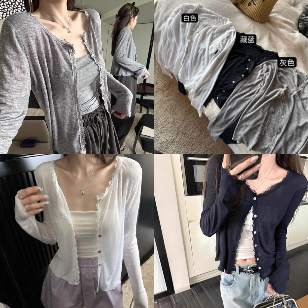 Chili Koko เสื้อคลุมกันแดดผ้าโปร่งไหมน้ำแข็งสีน้ำเงินเข้มแต่งขอบลูกไม้สำหรับผู้หญิงเสื้อคลุมไหมพรมแขนยาวน้ำหนักเบา 99391