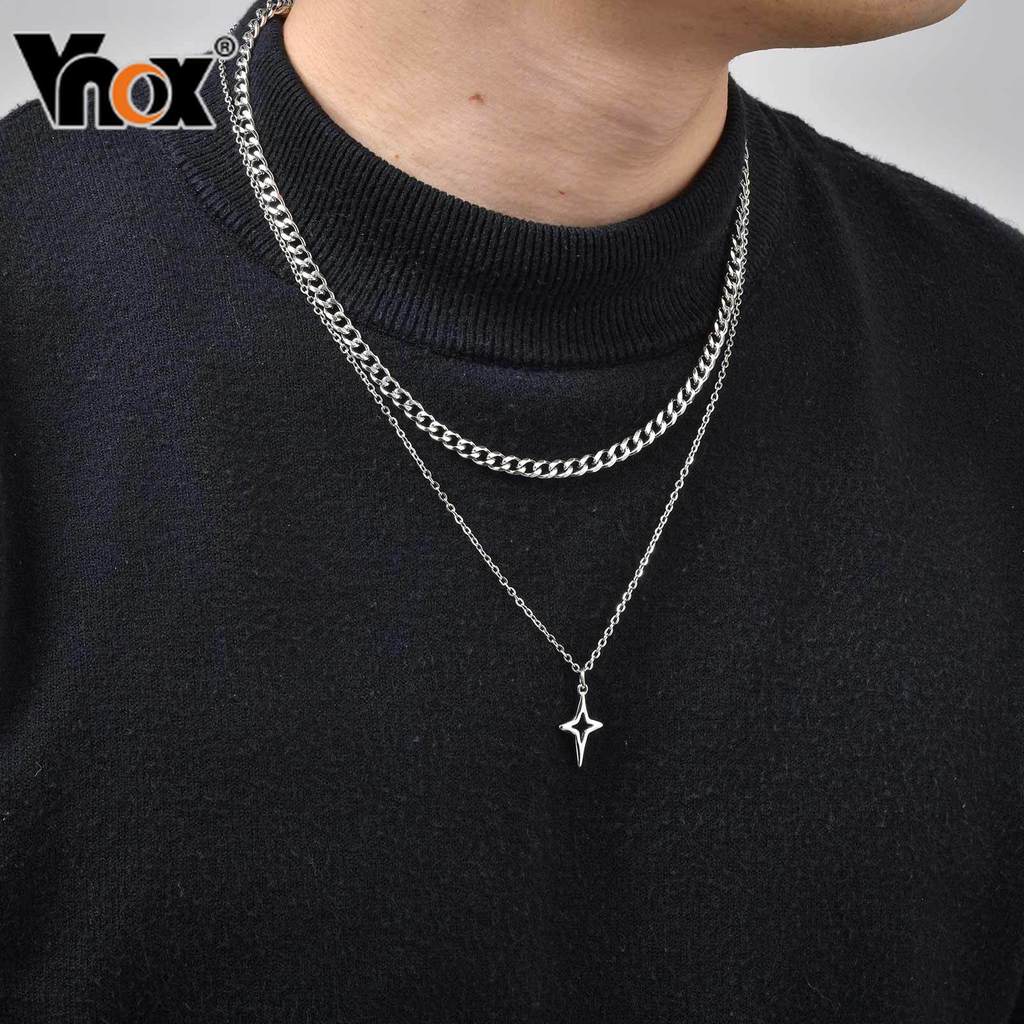 VNOX วีน็อกซ์ ชุดสร้อยคอดาวสี่จุดสแตนเลส,การออกแบบโซ่แปรง,สร้อยคอชั้นวางซ้อนกันได้2ชิ้นสําหรับผู้ชายเครื่องประดับแฟชั่น