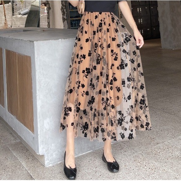Zeolore Beige Tulle A-Line Maxi กระโปรงสีดำพิมพ์ลายดอกไม้ ทรงเอวสูง QT2020