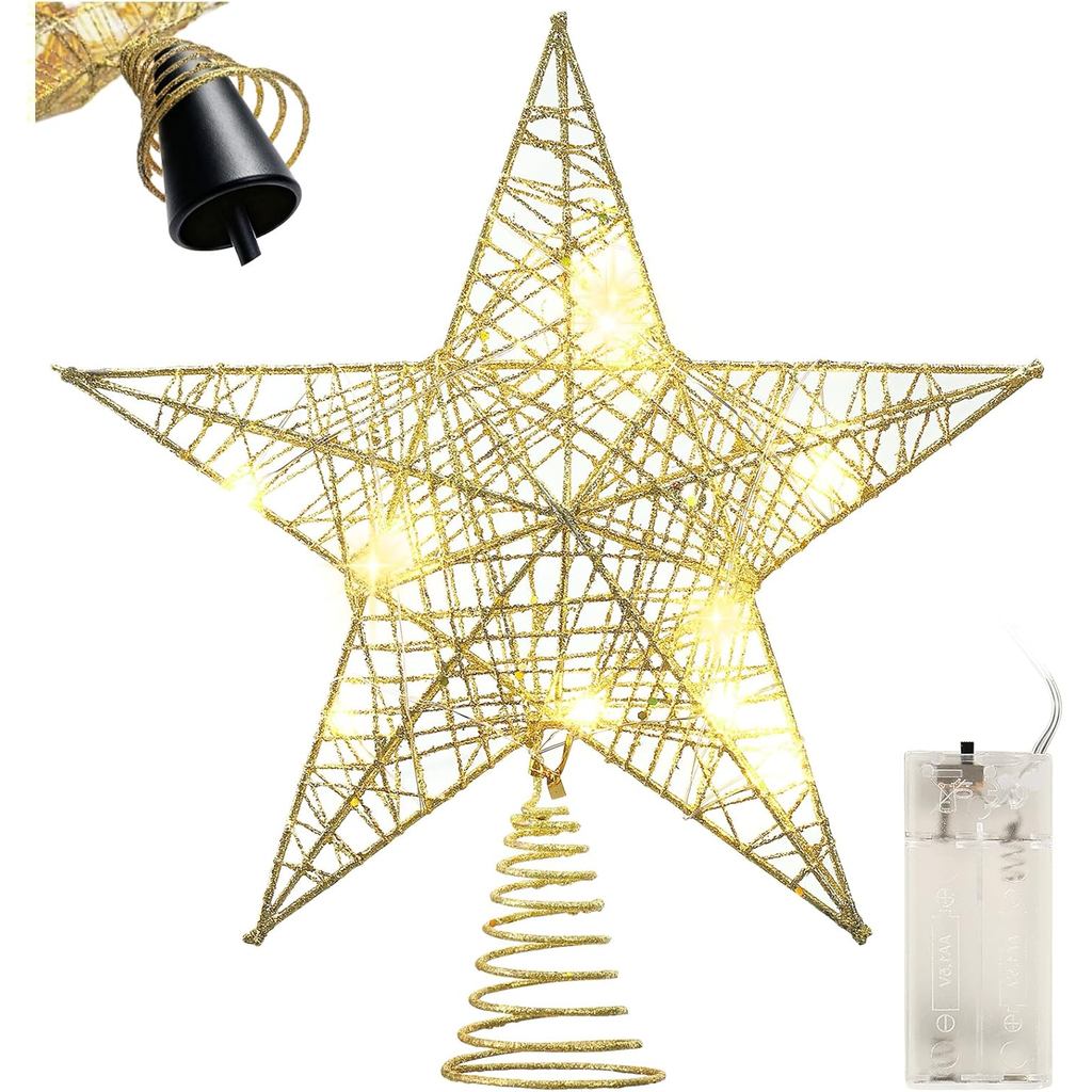 LED Lighted Christmas Tree Topper Star พร้อมที่วางมั่นคง - 9 นิ้ว 3D Hollow Metal Gold Glitter Star,